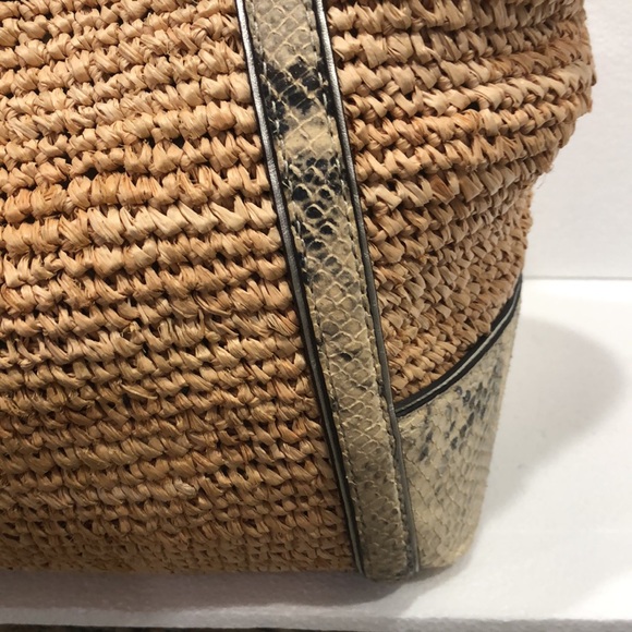 Coach Hampton Python Leather Trim Straw Shoulder Tote - Picture 8 of 12